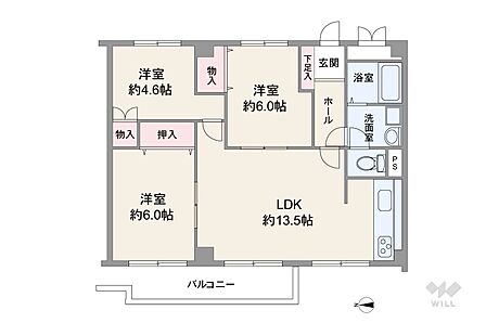 間取りは専有面積63平米の3LDK。LDK約13.5帖のプラン。バルコニー面積は6.57平米です。