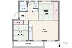 箕面粟生第2住宅22棟 2LDKの間取図画像