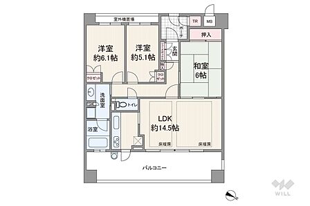 間取りは専有面積73.07平米の3LDK。LDK約14.5帖のプラン。バルコニー面積は18.0平米です。