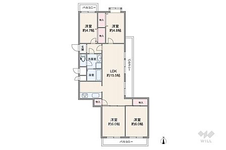 間取図専有面積79.16平米の4LDKの間取り。角部屋で、眺望・採光に優れたお部屋です。北・東・西に窓が設置されており、1日を通して明るく快適にお過ごしいただけます。