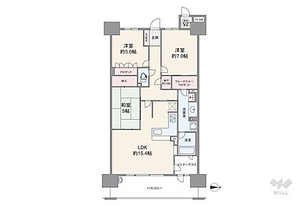 間取りは専有面積82.71平米の3LDK。観葉植物置場や雨の日の洗濯物干し場所に便利なインナーテラス付きのプラン。バルコニー面積は13.48平米で、スロップシンクが設けられています。