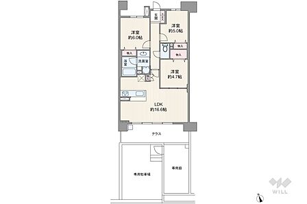 間取りは専有面積71.67平米の3LDK。専用庭付き、LDK約16.6帖の横長リビングのプラン。テラス面積は13.40平米です。
