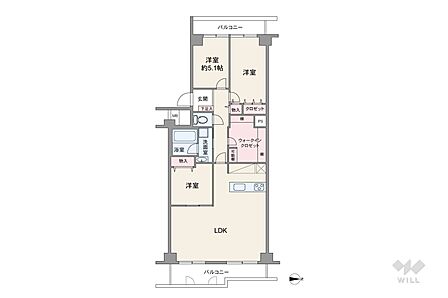 間取りは専有面積80.05平米の3LDK。センターインのプラン。複数方向に採光部があり、バルコニー面積は12.93平米です。