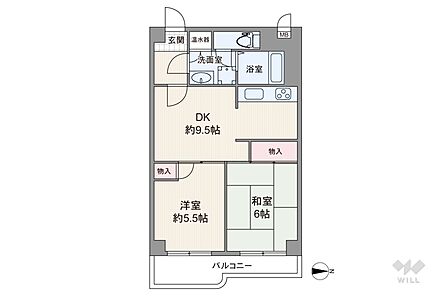 間取りは専有面積51.7平米の2DK。DK約9.5帖のプラン。バルコニー面積は5.8平米です。