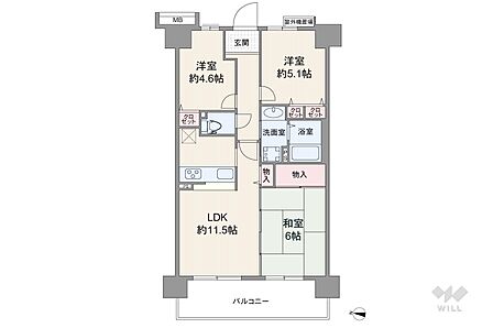 間取りは専有面積60.00平米の3LDK。LDK約11.5帖のプラン。バルコニー面積は11.4平米です。