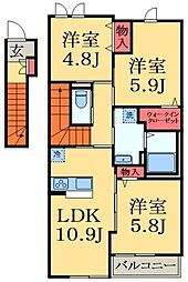 JR内房線 五井駅 3.3kmの賃貸アパート 2階3LDKの間取り