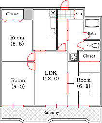 エクセル難波 3LDKの間取図画像