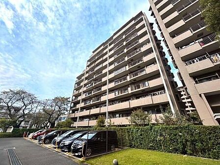 《外観》緑に囲まれた11階建てマンション。