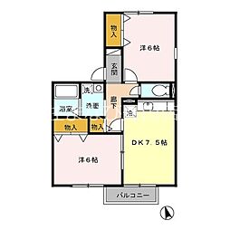 ハートフルアンジュ 2階2DKの間取り