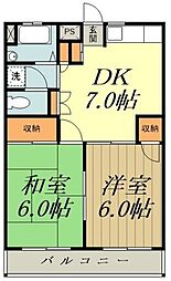 プラムヒル 3階2DKの間取り