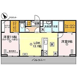 グランコンフォール神ノ川 1階2LDKの間取り