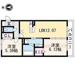 JR草津線 手原駅 徒歩26分の賃貸アパート 2階2LDKの間取り