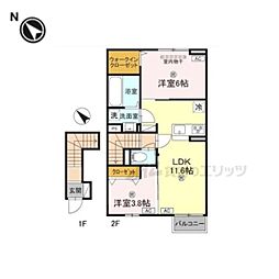 ｃｌａｒｉａ荻 2階2LDKの間取り