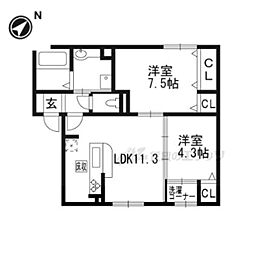 ボヌール草津 2LDKの間取図画像