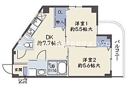 京阪本線 大和田駅 徒歩13分の賃貸マンション 2階2DKの間取り