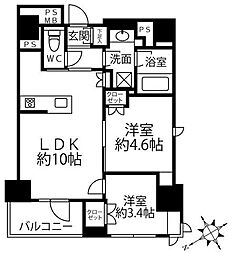 東京メトロ有楽町線 新富町駅 徒歩2分の賃貸マンション 10階2LDKの間取り