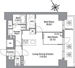 都営浅草線 蔵前駅 徒歩2分の賃貸マンション 6階2LDKの間取り