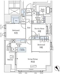 JR中央線 四ツ谷駅 徒歩2分の賃貸マンション 13階2SLDKの間取り