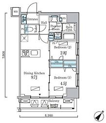 都営新宿線 浜町駅 徒歩1分の賃貸マンション 8階2DKの間取り