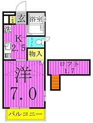 ピースドミトリーB 2階1Kの間取り
