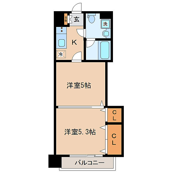 画像2:１Ｋ（２Ｋとしての利用可）洋室５．３帖、洋室５帖。バルコニーは西向きです。