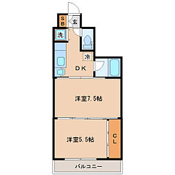 アルデール南鍛冶町 2DKの間取図画像
