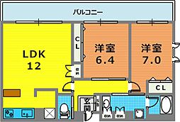 プレジール三ノ宮 2LDKの間取図画像