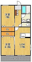 モンターニュ門司 2階2LDKの間取り