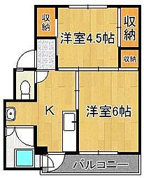 ビレッジハウス畑1棟 2Kの間取図画像