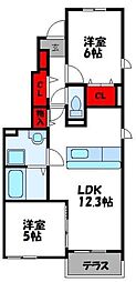 ウェイホームやまのくちB 1階2LDKの間取り