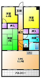長屋マンション 3LDKの間取図画像