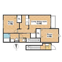 JR北陸本線 長浜駅 3.6kmの賃貸アパート 2階2LDKの間取り