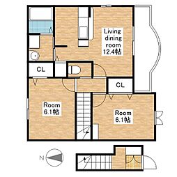 JR北陸本線 長浜駅 徒歩32分の賃貸アパート 1階2LDKの間取り
