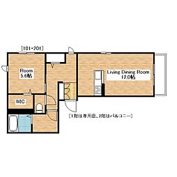 JR北陸本線 坂田駅 徒歩15分の賃貸アパート 1階1LDKの間取り