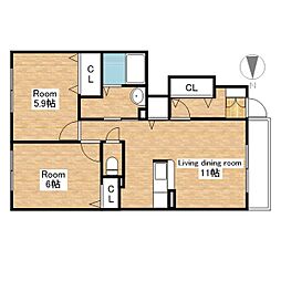 JR北陸本線 長浜駅 3.6kmの賃貸アパート 1階2LDKの間取り