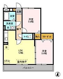グレースヒルズII 3階2LDKの間取り