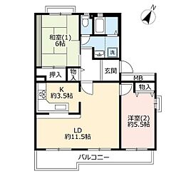 UR都市機構うらわイーストシティかえで街1号棟 2LDKの間取図画像