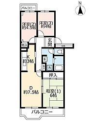 UR都市機構うらわイーストシティけやき街2号棟 3DKの間取図画像