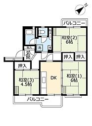 UR若葉台 3階3DKの間取り