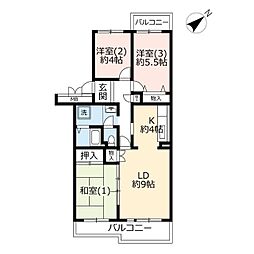 UR都市機構かわつるグリーンタウン松ケ丘1号棟 3LDKの間取図画像