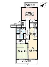 UR都市機構かわつるグリーンタウン松ケ丘1号棟 2DKの間取図画像