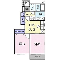 サニーリブB棟 1階2DKの間取り