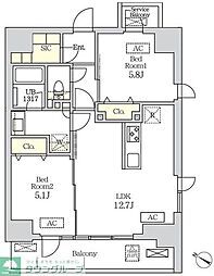 コスモグラシア新宿西早稲田 2LDKの間取図画像