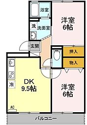 シャトレー西本II 3階2DKの間取り
