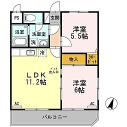 マリベール善通寺 2階2LDKの間取り