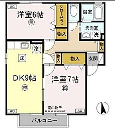 リジェール東山崎　Ａ 1階2DKの間取り