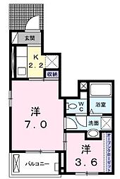 ディアコート林II 1階1Kの間取り