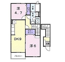 ジェルメ　テールB 2階2DKの間取り