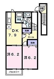 ヴェルテソレーユ　A 2階2DKの間取り