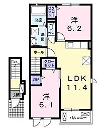 シャルールI 2階2LDKの間取り